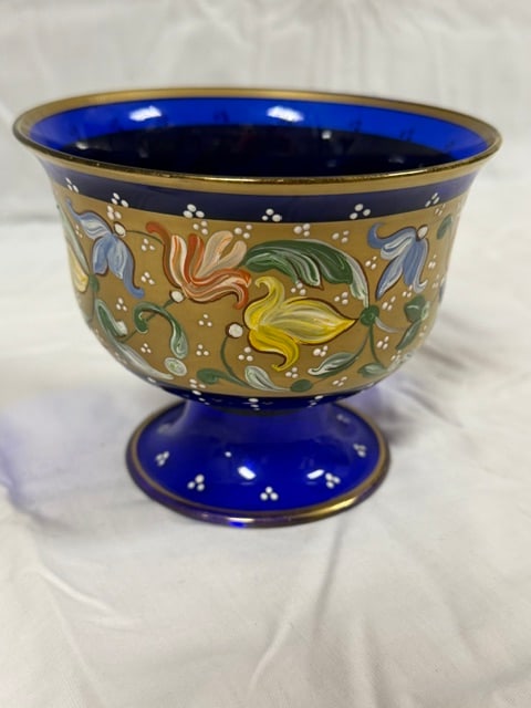 Murano Cobalt: Murano cobalt blue glass footed bowl with gilt enamel floral decorations; 4 3/4" rim X 3 3/4" base