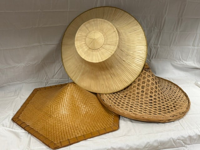 Bamboo Hats: Set of three (3) bamboo woven conical hat or coolie hat; one is a palm