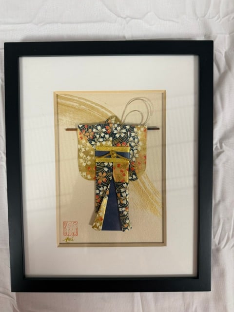 Japanese Art: Japanese washi paper origami kimono doll in decoratvie frame; 8 3/4" X 10 3/4 " frame