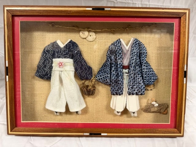 Collage: "Country Friends" collage. Girl: navy/white dot cotton print (Kasuri); white rayon pleated hakama and tabi; boy: gray striped cotton shirt (ikat), navy/white shibori haroi. Signed by artist: Sylvia