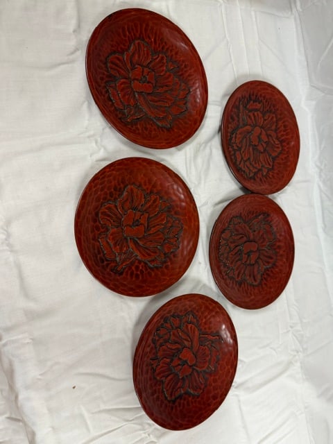 Laucquer Wood Plates: Set of five (5) Kamakura-bori lacquered hand carved wooden plate w/peony design; 6"