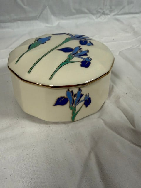 Trinket Box: "Iris Rhapsoldy" lidded porcelain trinket box with blue iris decoration and gold trim by Otagiri