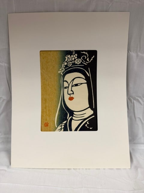Wood Block: Wood block print depicting a Buddhist deity or Kannon (Goddess of Mercy)