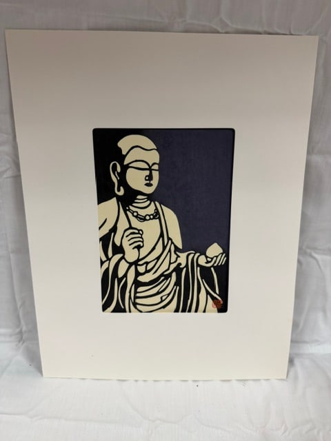 Wood Block: Japanese woodblock print depicting a Buddhist deity, likely Kannon