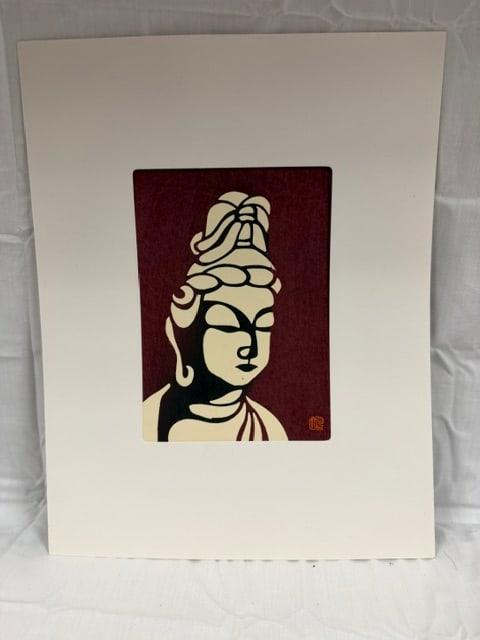 Wood Block: Japanese woodblock depicting Maitreya Bodhisattva