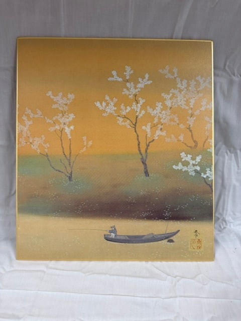 Japanese Painting: Japanese painting depicting a spring landscape with blossoming trees and a boat