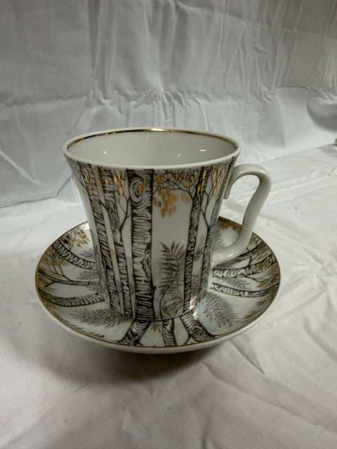 Porcelain Tea Cup: Porcelain tea cup/saucer with cobalt blue net pattern by Imperial Lomonoso Porcelain Factory