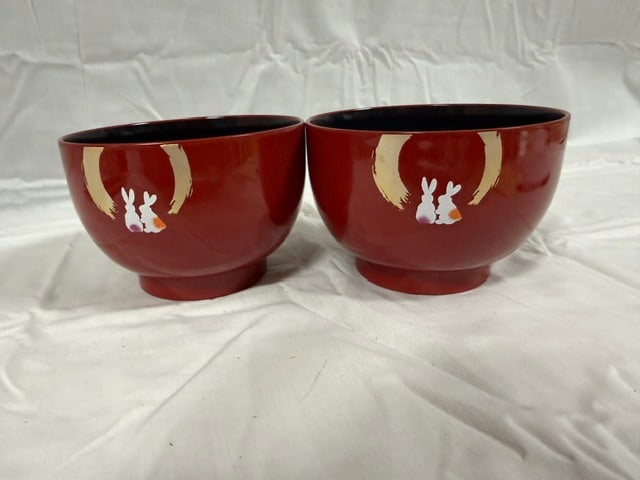 Laucquer Bowls: Pair of lacquerware bowls with moon and rabbit motif by Sanyoshi