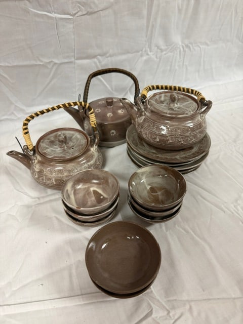 Stoneware Tea Pots: Set of three stoneware teapots with wicker wrapped handle, with 8 tea cups and five plates (assorted)