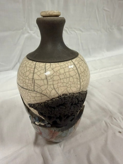 Cermic Vase: Raku fired ceramic vase with crackle glaze (chip on top)