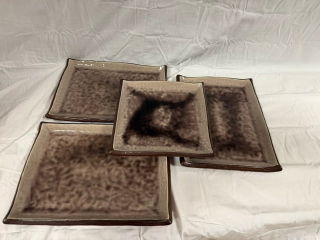 Ceramic Small Plates: Four Ceramic square plates with brown speckled glaze (3) measuring 9"X12"; smaller 9"X9"