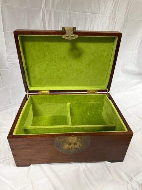 Rosewood Jewelry Box: Rosewood jewelry box with brass hardware and green velvet lining