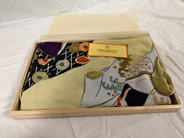 Japanese Silk: Japanese silk embroidered textile panel depicting a treasure ship (Takarabune) with auspicious symbols