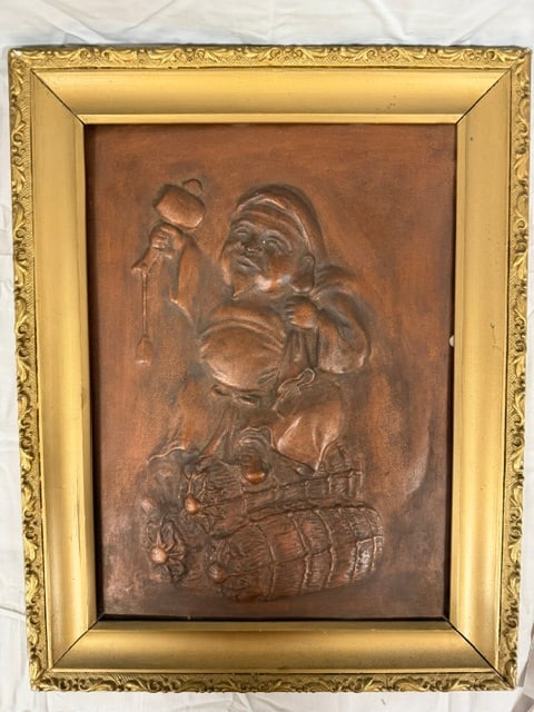 Bronze Cast: Bronze cast depicting a jovial monk or friar with beer barrel; 12.5"X16 3/4"