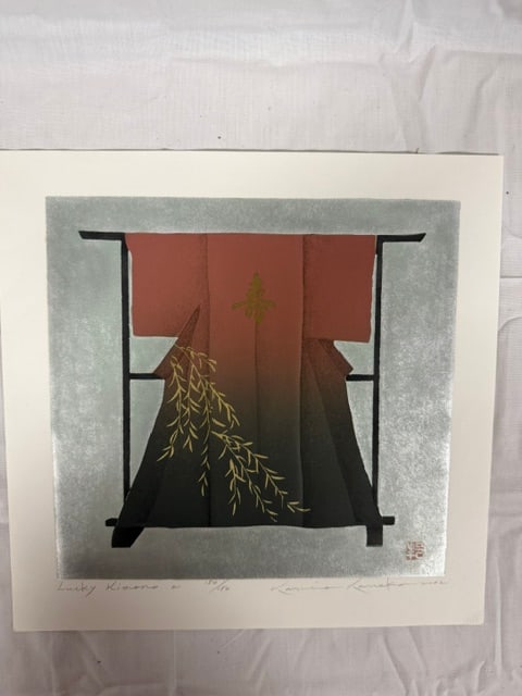 Japanese Wood block: Japanese wooldblock print signed and numbered, titled "Lucky Kimono" depicting a formal kimono with weeping willow design. No. 150/150
