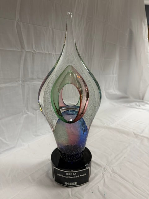 Glass Trophy: Art glass award trophy titled "IEEE SA" (Institute of Electrical and Electronics Engineers Standards Association) artist unknown