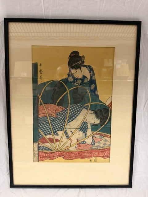 Japanese Wood Block: Japanese woodblock print (ukiyo-e) titled "Mother and Child Under Mosquito Net" by Kitagawa Utamaro