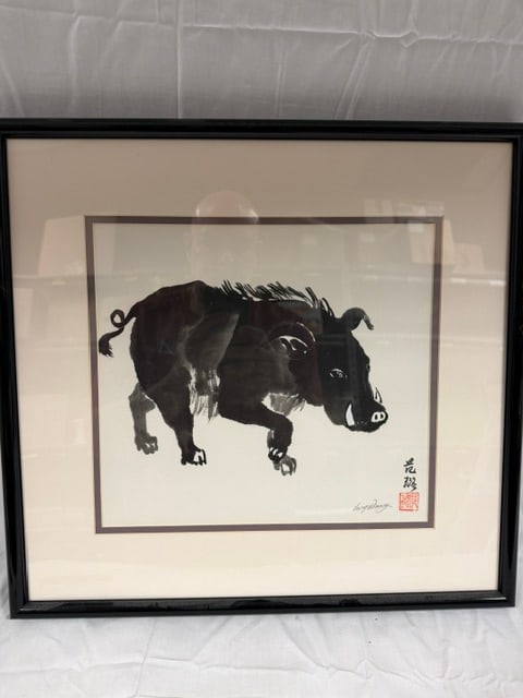 Signed Lucy Wang Painting: Lucy Wang Signed ink painting on paper depicting a wild boar