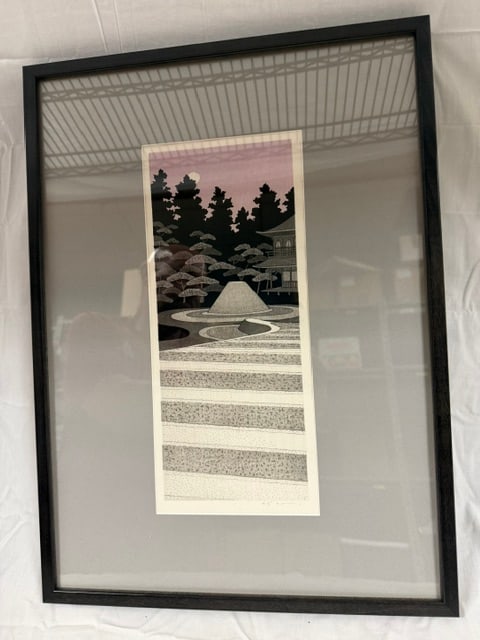 Framed Wood Block: Framed woodblock print titled "Kogetsudai (Moon Viewing Platform) by Teruhide Kato