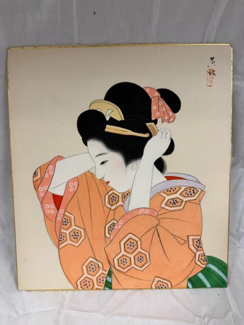 Japanese Wood Block: Japanese woodblock print depicting a bijin (beautiful woman) in orange kimono