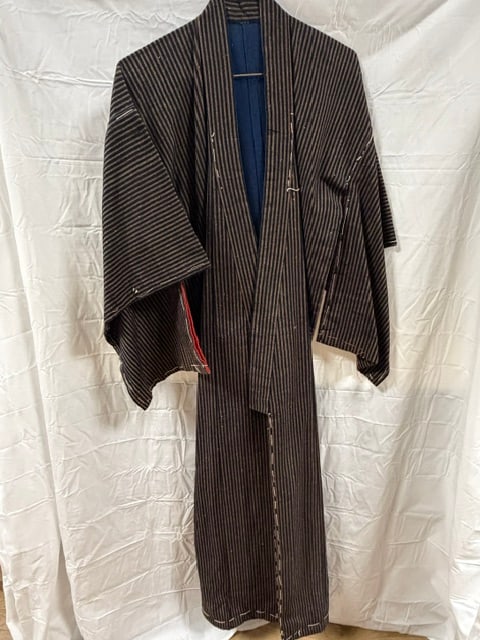Japanese Horagi: Vintage Japanese cotton horagi (work jacket) with indigo-dyed vertical striped pattern
