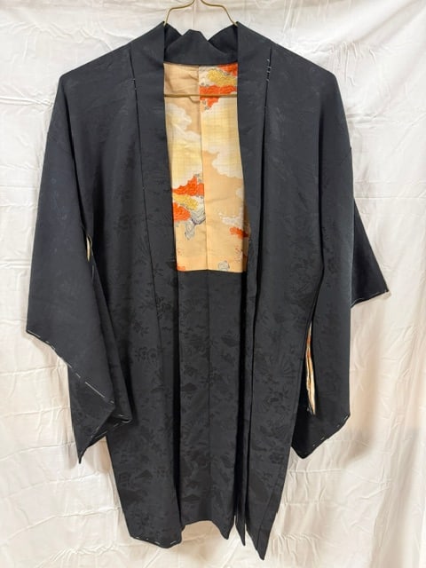 Japanese Black Silk Jacket: Black silk haori jacket with floral lining, traditional Japanese garment
