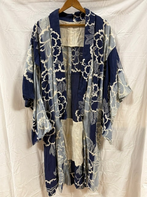 Vintage Japanese Kimono: Vintage Japanese indigo cotton kimono with floral and abstract motifs