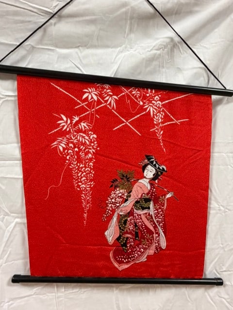 Cotton Textile Wall Hanging: Cotton textile wall hanging with a Japanese geisha w/wisteria motif