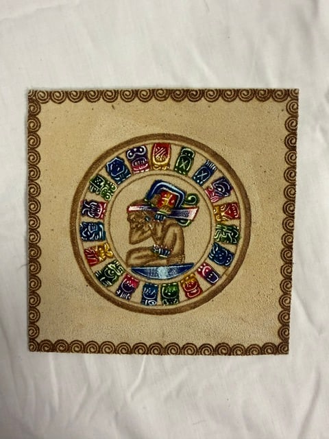 Japanese Hand Painted Calendar: Hand-painted Mayan calendar on suede/leather