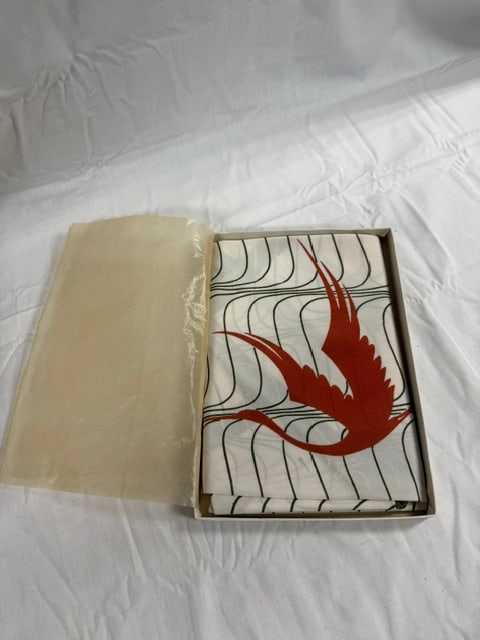 Vintage Japanese Silk Fukuro: Vintage Japanese silk fukuro obi with red crane motif on white background with wave pattern