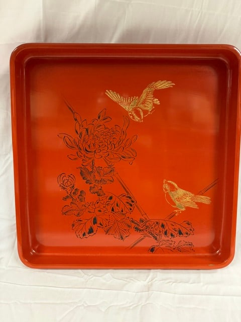 Japanese Lacquerware: Japanese red lacquerware (urushi) tray with gold maki-e deocration depicting birds and reeds