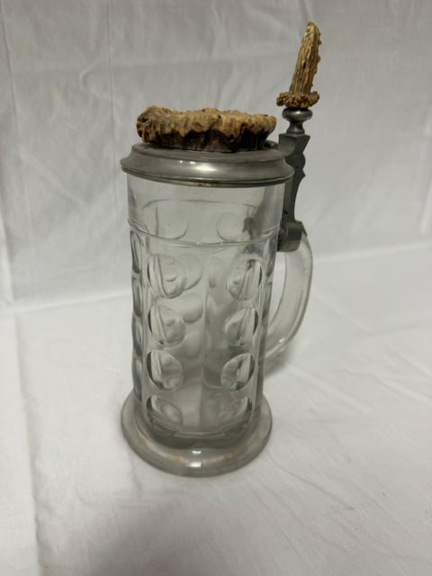 Glass Beer Stein: Glass beer stein with pewter lid and thumb lift, circa 1900
