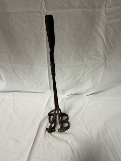 Hand Forged Branding Iron: Hand-forged iorn branding iron with twisted handle and deocrative brand mark "AB"