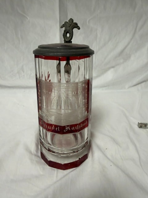Bohemian Ruby Beer Stein: Bohemian ruby-flshed glass beer stein with pewter lid and engraved decoration (Height with handle)