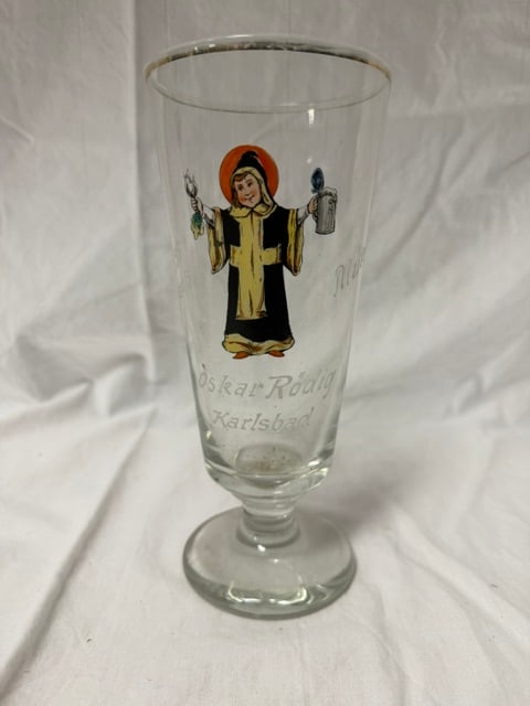 Hand -Painted Beer Goblet: Hand-painted glass beeer goblet with traditional German folk costume figure