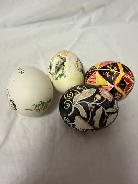 Hand Painted Decorative Eggs: Set of four hand-painted decorative eggs in various folk art styles