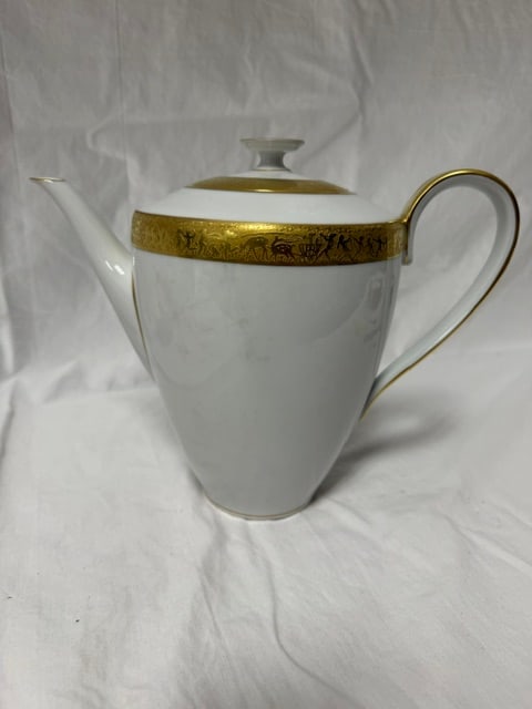 Porcelain Coffee Pot: Porcelain coffee pot with gold encrusted band decoration (width from spout to handle)