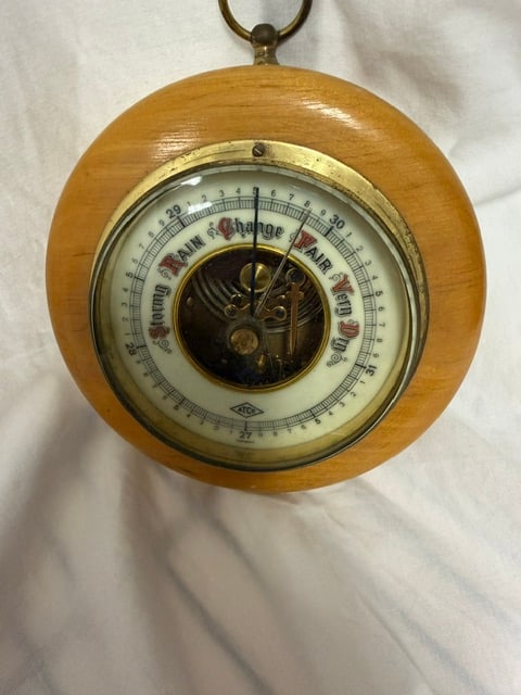 Vintage Wood Baramoter: Vintage wooden wall barometer with brass trim and procelain dial, made in Germany