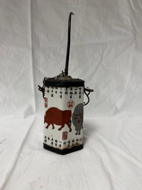 Chinese Porcelain Opium Pipe: Chinese porcelain opium water pipe hand-painted famille rose decoration depicting bull and calligraphy (height with pipe 12")