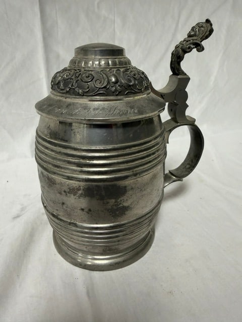 Silver Plated Beverage Dispenser: Silver-plated water beverage dispenser with ornate lid and decorative finial (height with handle)