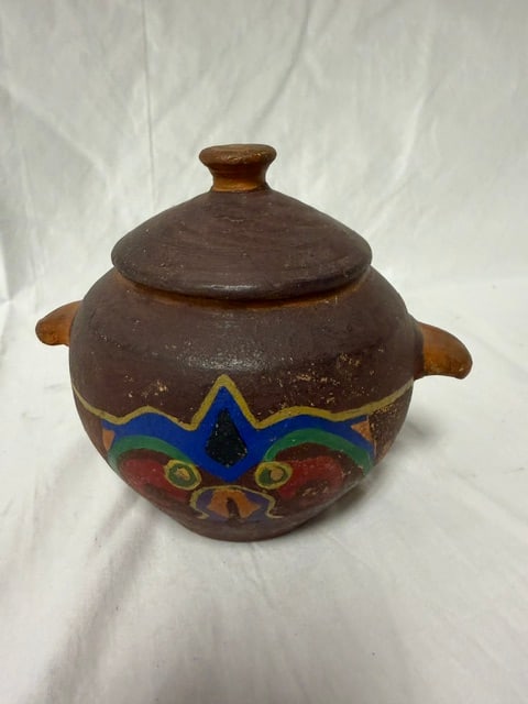 Terracotta Lidded Jar: Terracotta redware lidded jar with hand-painted folk art decoration from Abancay, Peru (width with handles)