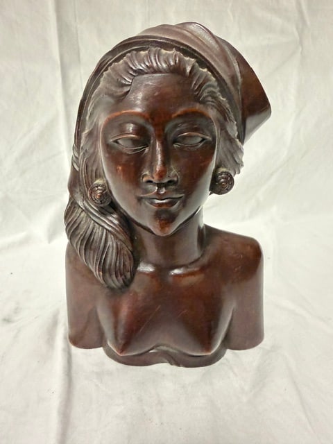 Hand-Carved Bust: Hand-carved wooden bust of a Balinese woman