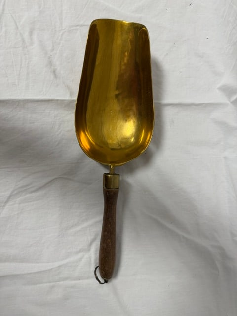 Brass Grain Scoop: Brass grain scoop with wooden handle