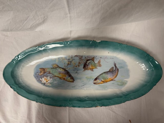 Porcelain Fish Platter: Porcelain fish platter with hand-painted fish decoration and gold trim by Victoria Carlsbad Austria