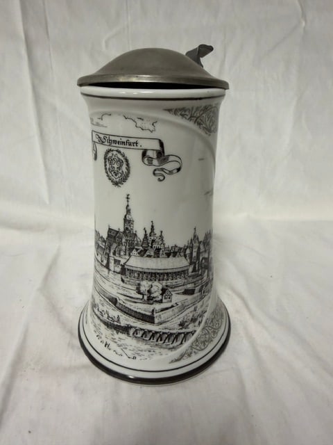 Porcelain Beer Stein: Porcelain beer stein with pewter lid depicting Altenkunstadt, Germany