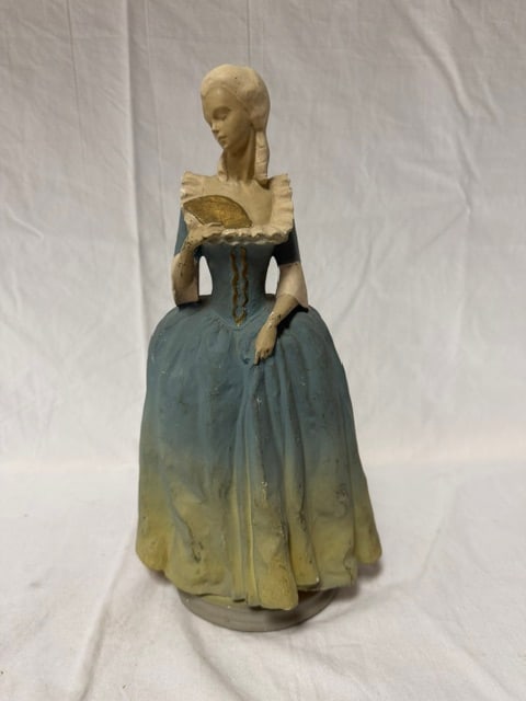 Porcelain Figurine: Porcelain figurine of a colonial lady with basket; chip in base as noted in photograph