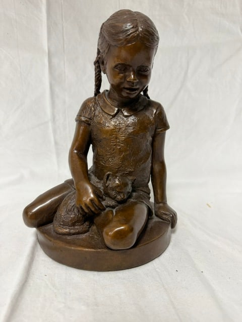 Bronze "Girl with Cat": Bronze sculpture titled "Girl wth Cat" by Charles Cropper Parks
