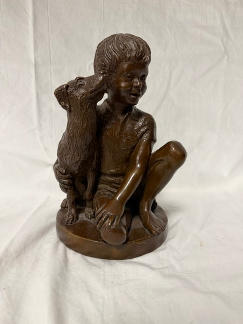 Bronze "Boy with Dog": Bronze sculpture titled "Boy with Dog" by Charles Parks, Franklin Mint 1974
