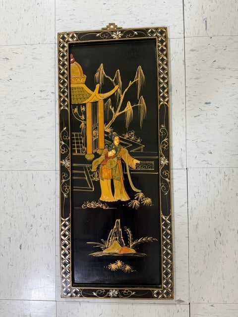 Mother of Pearl Lacquer Wall Panel: Black lacquer panel with gold-painted Chinese junk ship and landscape motifs
