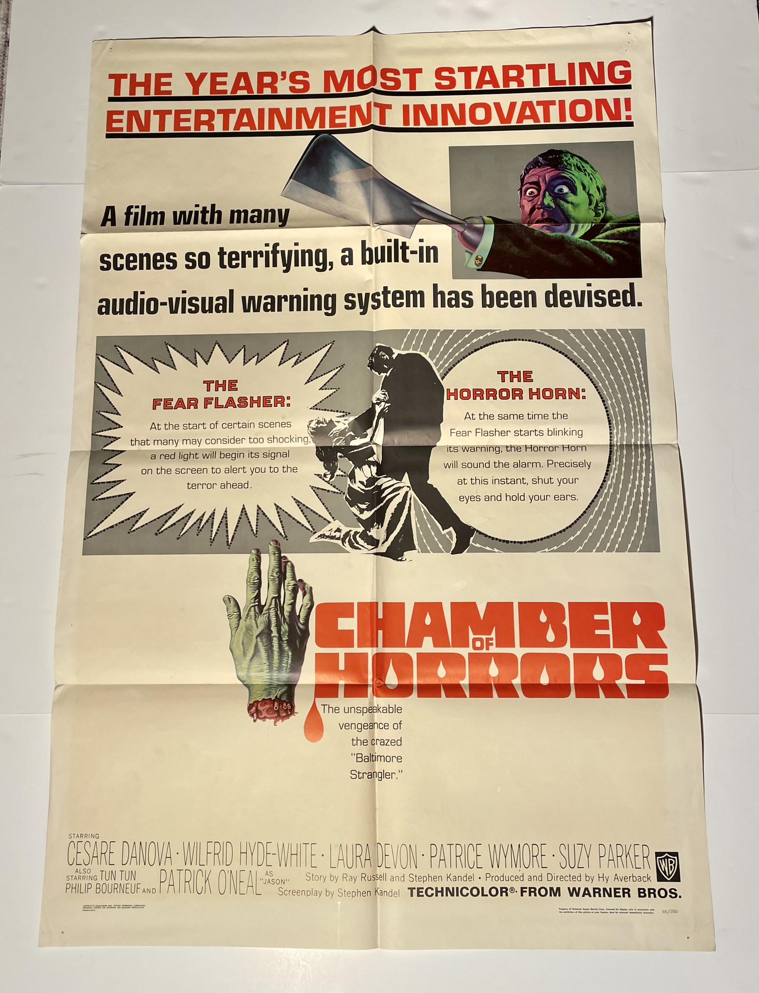 Original Chamber of Horrors One Sheet Movie Poster: Chamber of Horrors, Warner Brothers, 1966. One Sheet 27 X 41 Folded. Originally a House of Wax style TV movie, this film about a one-armed madman's revenge was ramped up with gore and released with th